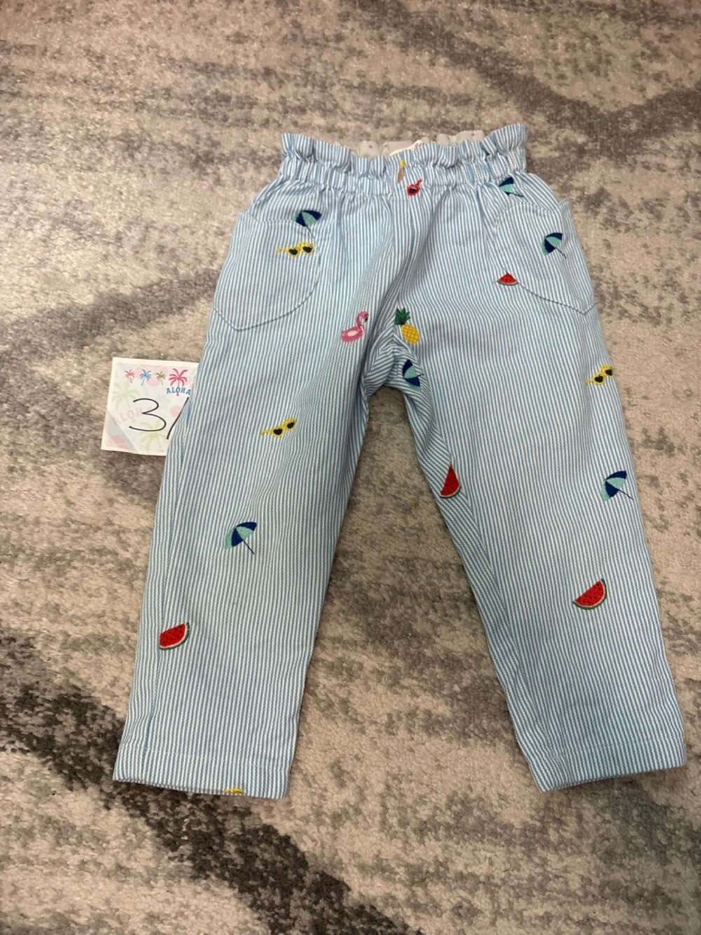 Boden Light Blue Stripe Kids Pants with Colorful Fruit & Summer Embroidery 3
